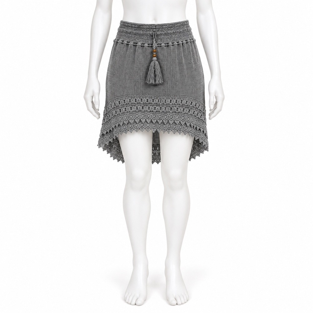 Cotton Natural Gray Crochet Knit Pull On Skirt Women's Medium Tassel Boho Peru